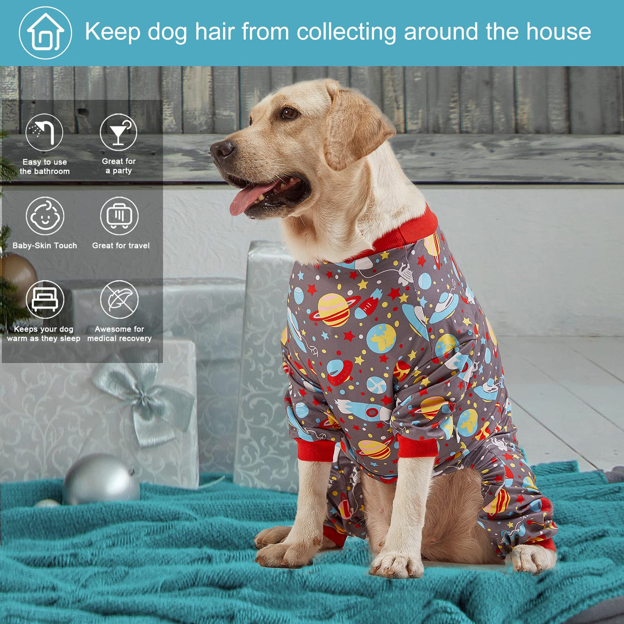 LovinPet Large Dog Pajamas: Large Breed Pitbull/Boxer/Labrador/Doberman, Lightweight Onesie, Space-Travel Grey Print,Post Surgery Shirt,UV Protection, Pet Anxiety Relief, Wound Care for Big Dog /2XL
