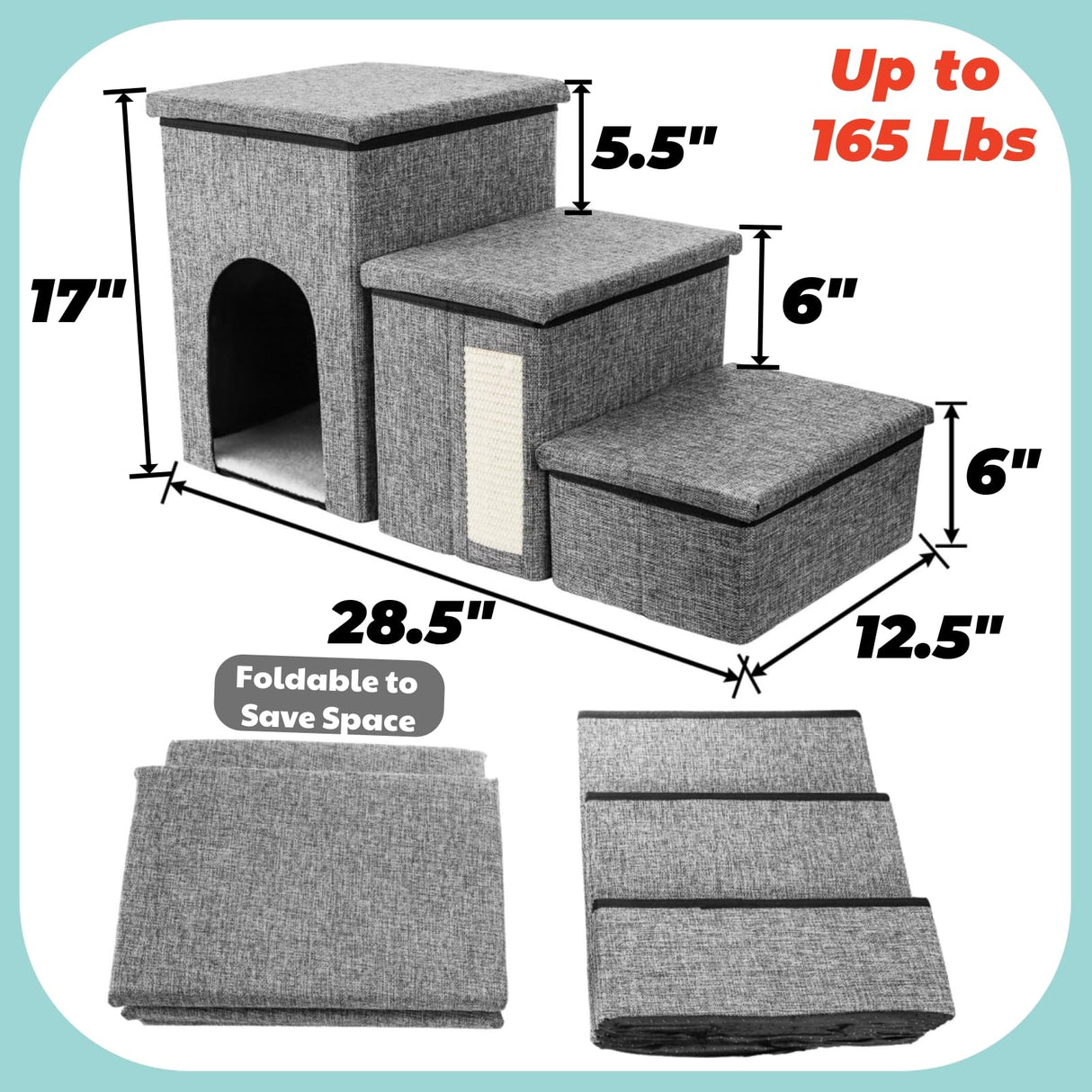 YIMITEE Dog Stairs for Small Dogs, 3 Tiers Dog Step with Storage, Foldable Older Cat Ramp with Condo Cat Scratcher, Portable Pet Ladder for High Bed Couch Chair Car, Up to 165 Lbs, 17 Inch