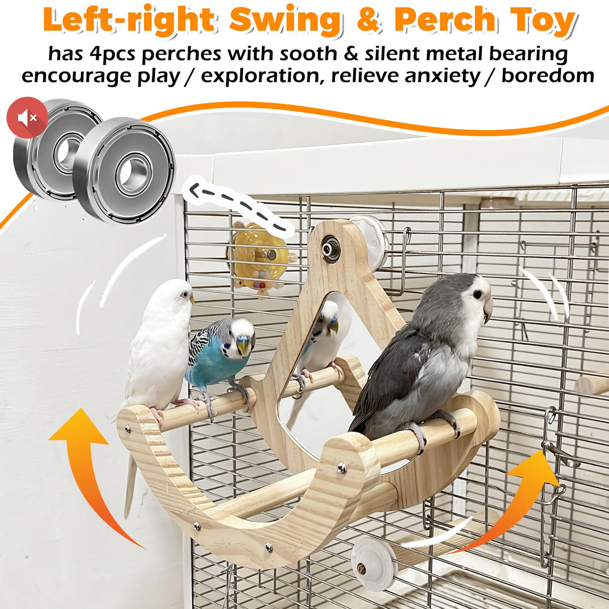 Bird Perch Toy with Mirror for Cage, Interactive Rocking Parakeet Toys and Perches, Wood Exercise Wheel Cockatiel Toys, Birds Enrichment Toy for Parrot, Bird Cage Accessories Perch for Budgies Conure
