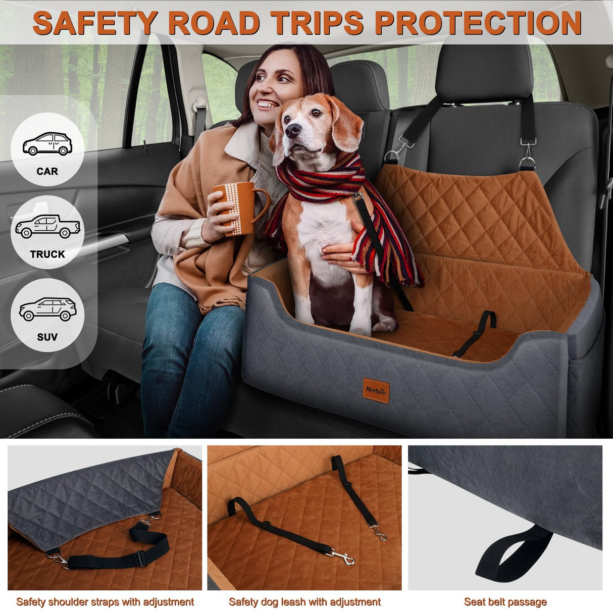 Large Dog Car Seat for Medium/Large Dog Under 55 lbs - Elevated Booster Car Seat for 2 Small Dogs,Removable and Washable,Filling Memory Foam with Safety Leashs and 2 Pockets