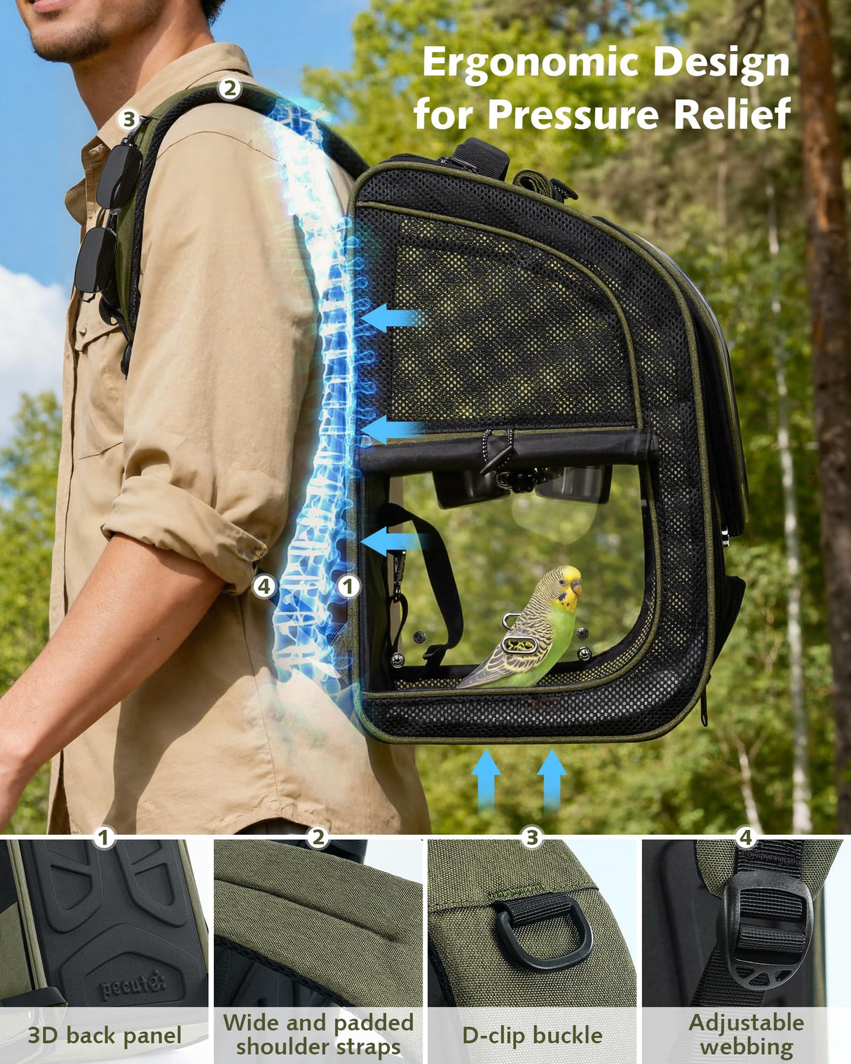 Pecute Bird Backpack Carrier for Small Birds,Cockatiel,Parrot,Bird Carrier with Standing Perch,Comfy Mat&Transparent Window, Breathable Bird Backpack for Vet Visit,Shopping and Outdoor Adventure,Green