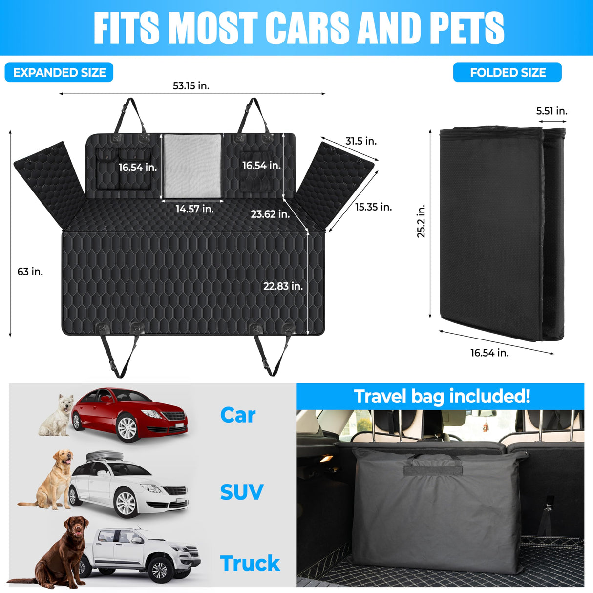 Marzel Goods Dog Back Seat Cover Hard Bottom - Holds 400lbs - Waterproof Dog Hammock for Car - 40% Extra Space - Car, SUV & Truck Universal Size - Pet Seat Cover for Back Seat - Seat & Door Protector