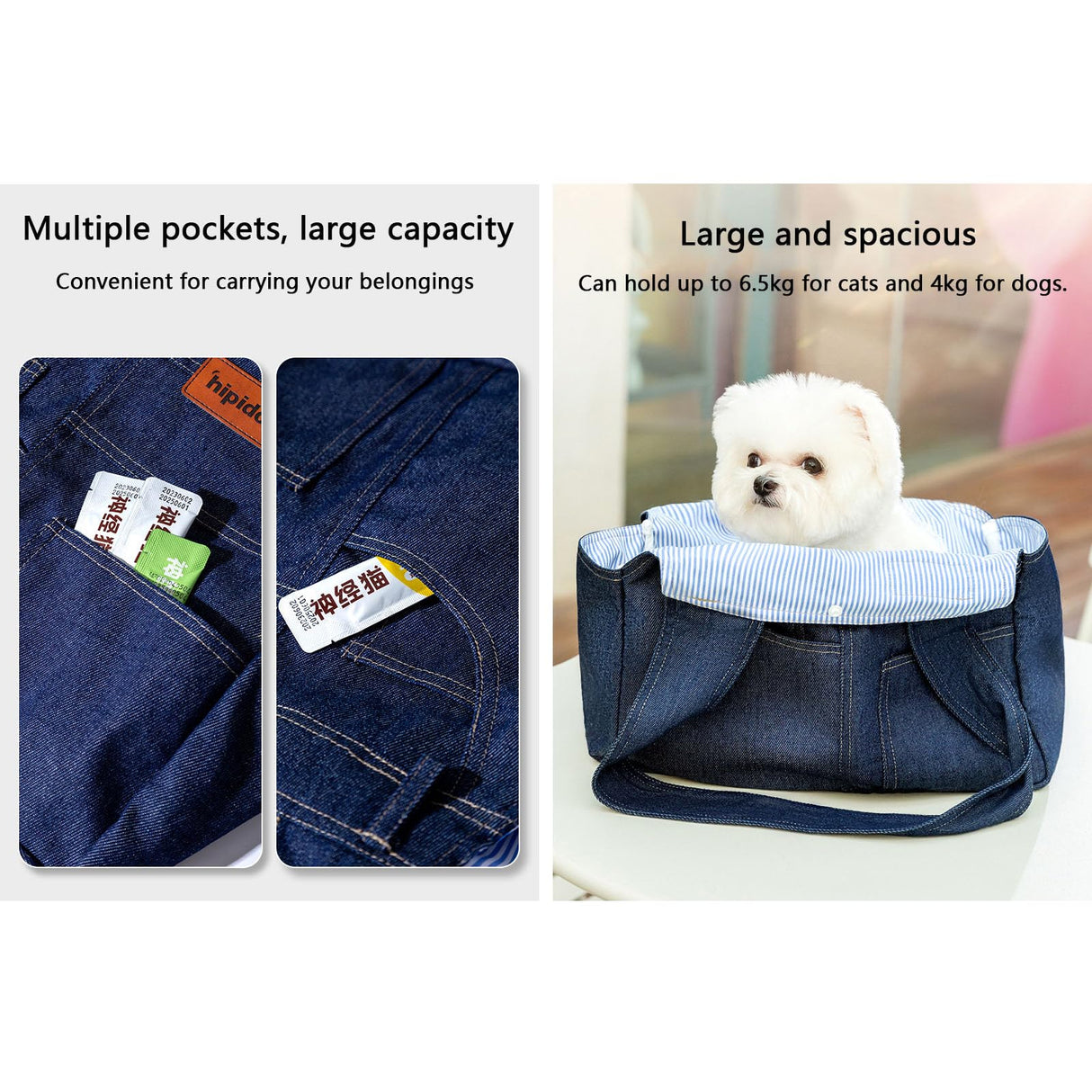 QOHAK Dog Carrier Purse Premium Denim Dog Soft Sided Carriers Bag Pet Travel Tote Bag with Pockets for Cat and Small Dog (Medium, Dark Blue)