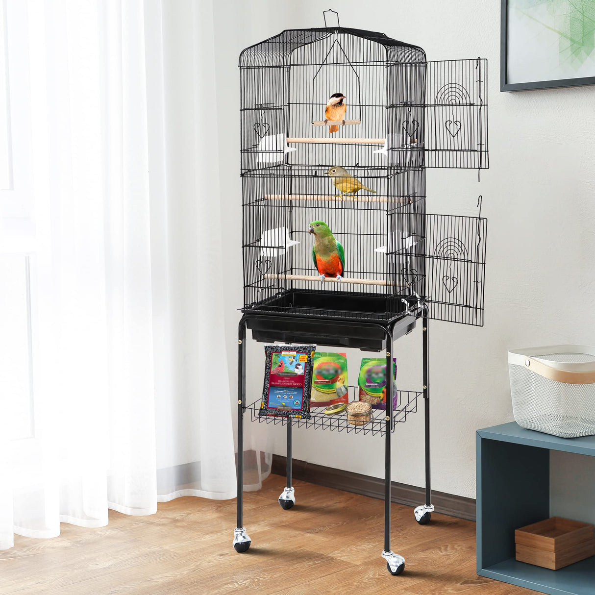 Nova Microdermabrasion 63 Inch Medium Pet Bird Cage with Detachable Rolling Wrought Iron Stand for Cockatiel, Sun Conure, Parakeet, Finch, Budgie, Lovebird, and Canary Birds