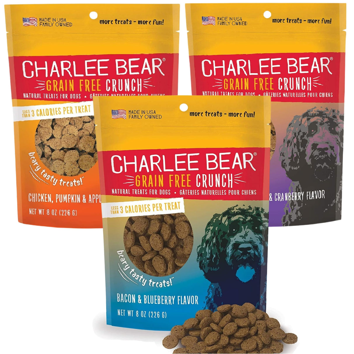 Charlee Bear Dogs Training Treat and Snack, Crunchy Low Calorie Grain Free Dog Treats, Made in USA, Best for Small and Medium Breeds, Great for Puppy Training Treats, 3 Flavor Variety Pack, 8oz Each