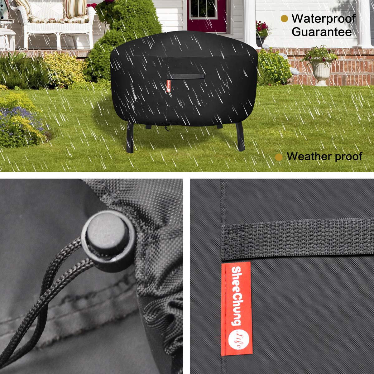 SHEECHUNG Round Gas Fire Pit/Table Cover-Heavy Duty 600D Polyester with PVC Coating Material,100% Weather Resistant and Waterproof, Fits 30",33",36 inch,35 inch, 34 inch Fire Pit/Bowl Cover,Black,36” Dia X 24”H