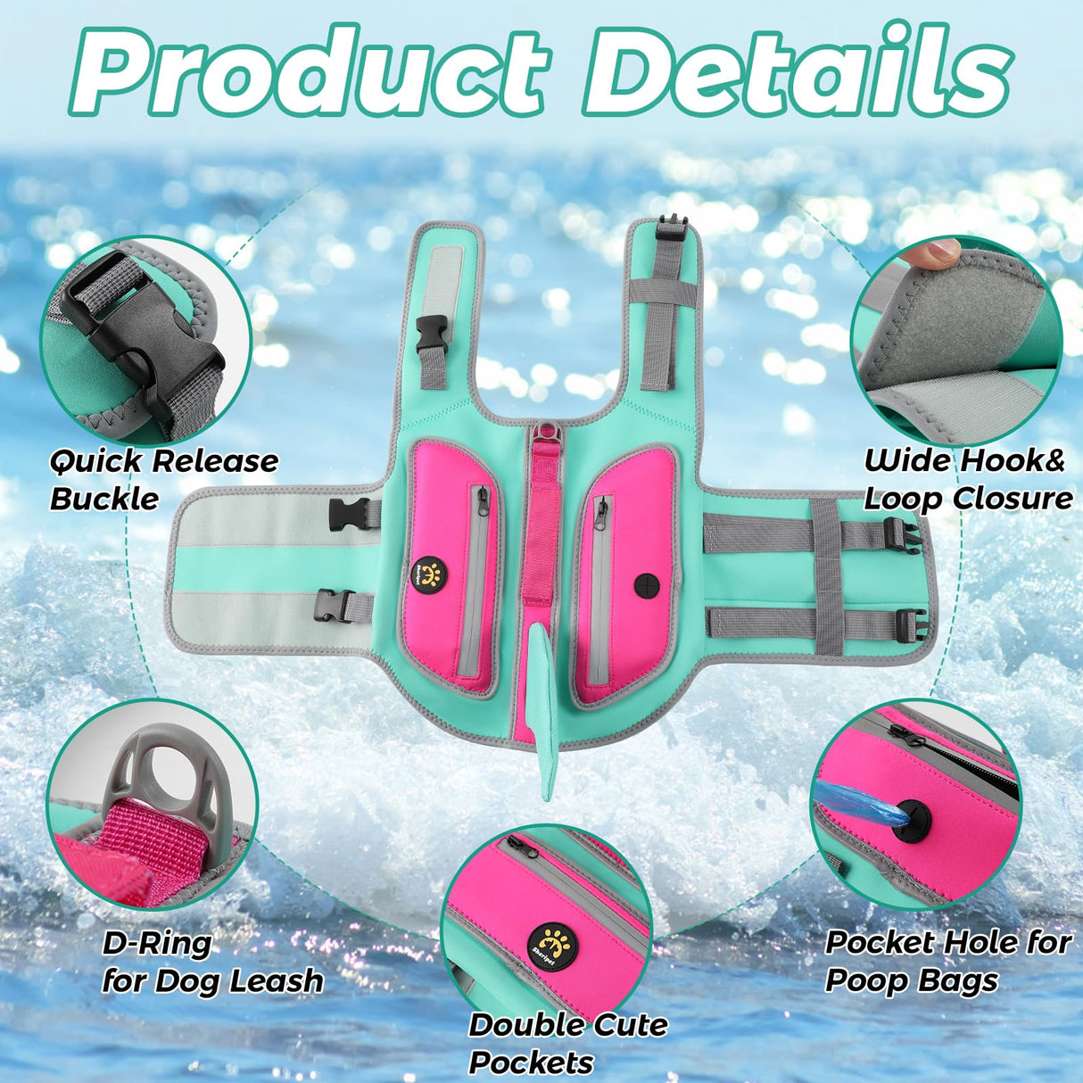 Sheripet Dog Life Jacket, High Buoyancy Shark Dog Safety Vest, Neoprene Pet Life Preserver with Good Visibility & Reflective, Puppy Swim Floating Vest with Rescue Handle for Boating (Turquoise, Small)