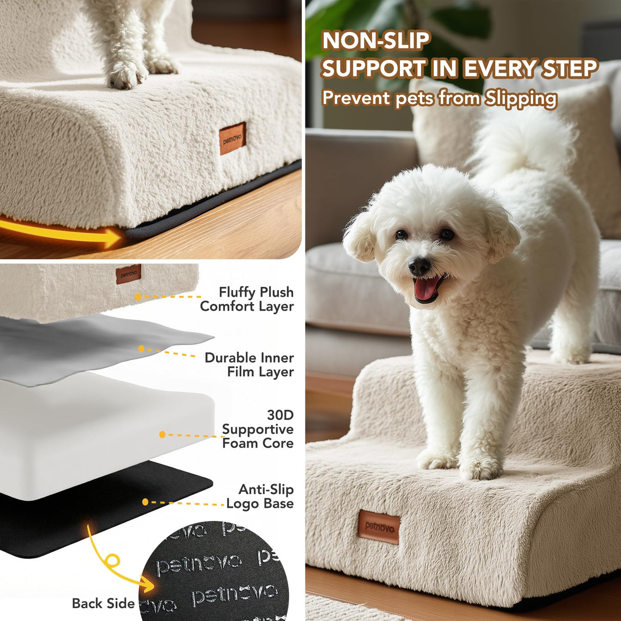 PETNOVO Ultra-Soft Rabbit Fur-Like Dog Stairs for Couch/Bed, Luxury Comfort 3-Step for Small & Senior Dogs, Non-Slip, Removable Washable Cover, OEKO-TEX Certified, 22.4"D x 15.7"W x 15.7"H, Off White