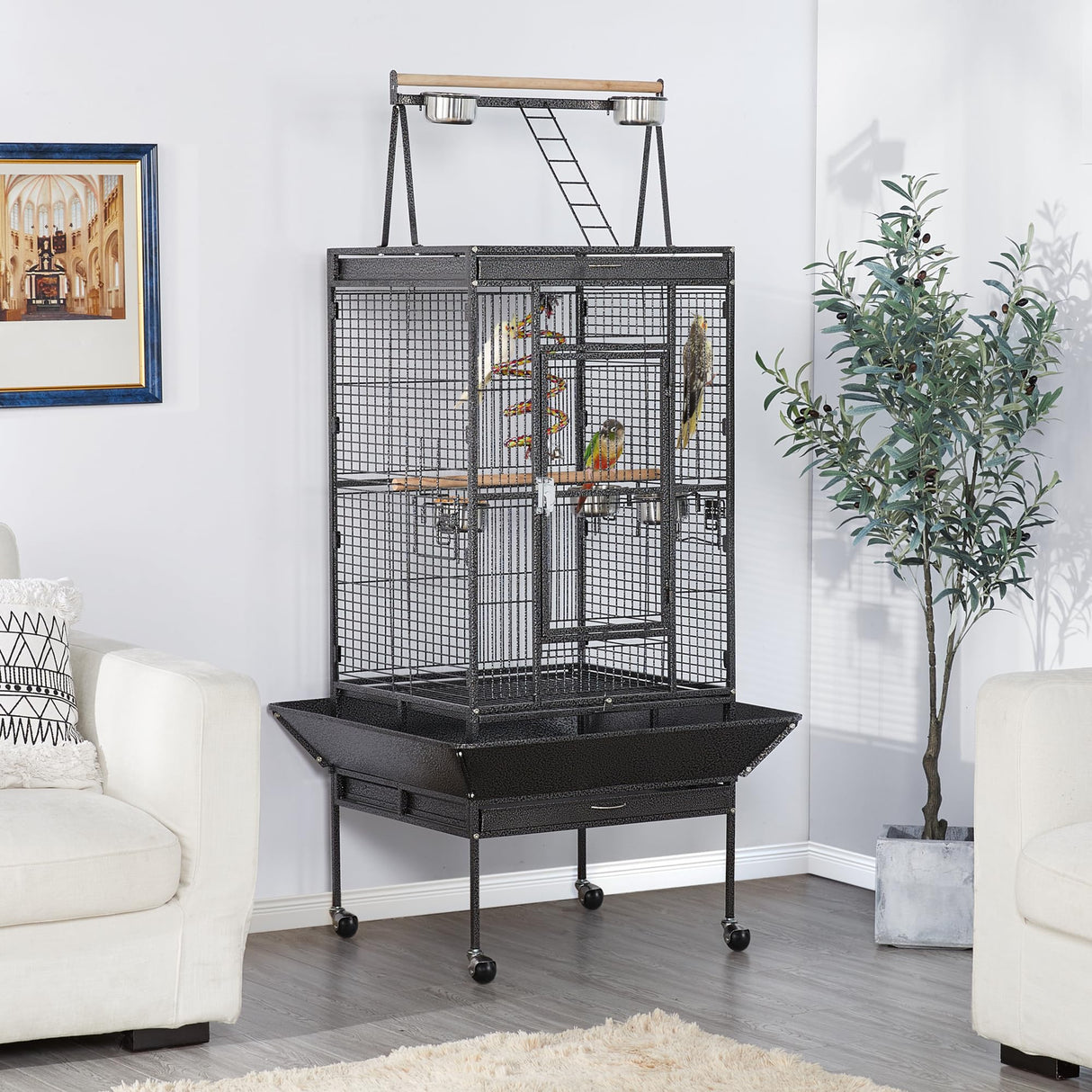 Yaheetech 69-inch Wrought Iron Rolling Large Parrot Bird Cage for African Grey Small Quaker Amazon Cockatiel Sun Parakeet Green Cheek Conure Dove Lovebird Budgie Play Top with Stand