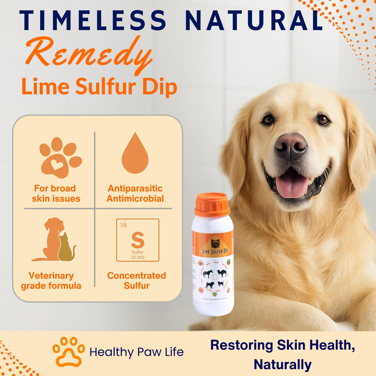 Lime Sulfur Dip β Concentrated Antimicrobial & Antiparasitic Solution for Itchy Skin, Mange, Ringworm & Dermatitis β Safe for Dogs, Cats, Puppies, Kittens, Horses, and Livestock (16 oz)