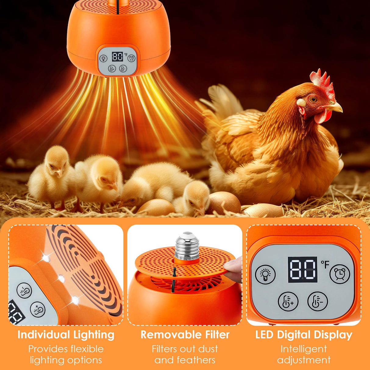 Enhon 2 Pack Chicken Coop Heater, Timing Heat Lamp for Chickens, Smart Temperature Control Chicken Brooder Heater, 5 Ft Ultra Long Cable Reptile Heating Lamp for Chicks Duck Dog Cats, No Remote