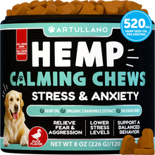 Load image into Gallery viewer, Hemp Calming Chews for Dogs - Dog Calming Chews - Dog Anxiety Relief Treats with Hemp Oil, Turmeric, Valerian, Ginger - Health and Wellness Supplements for Dogs - Hip and Joint Support - 120 Treats