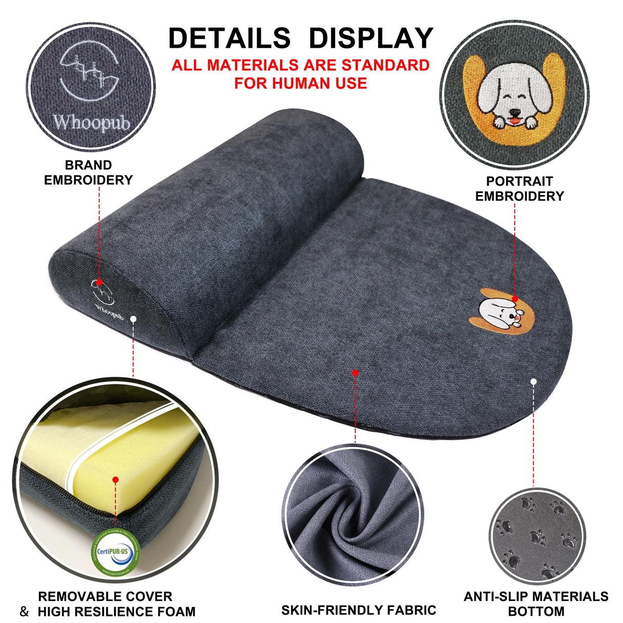 Whoopub Dog Bolster Pillow for Large Dogs, Benefit for Cervical Vertebra and Neck, Easy to Carry When Traveling, with High Resilience Foam, Machine Washable Cover&Easy to Clean (Dark Gray, Large)