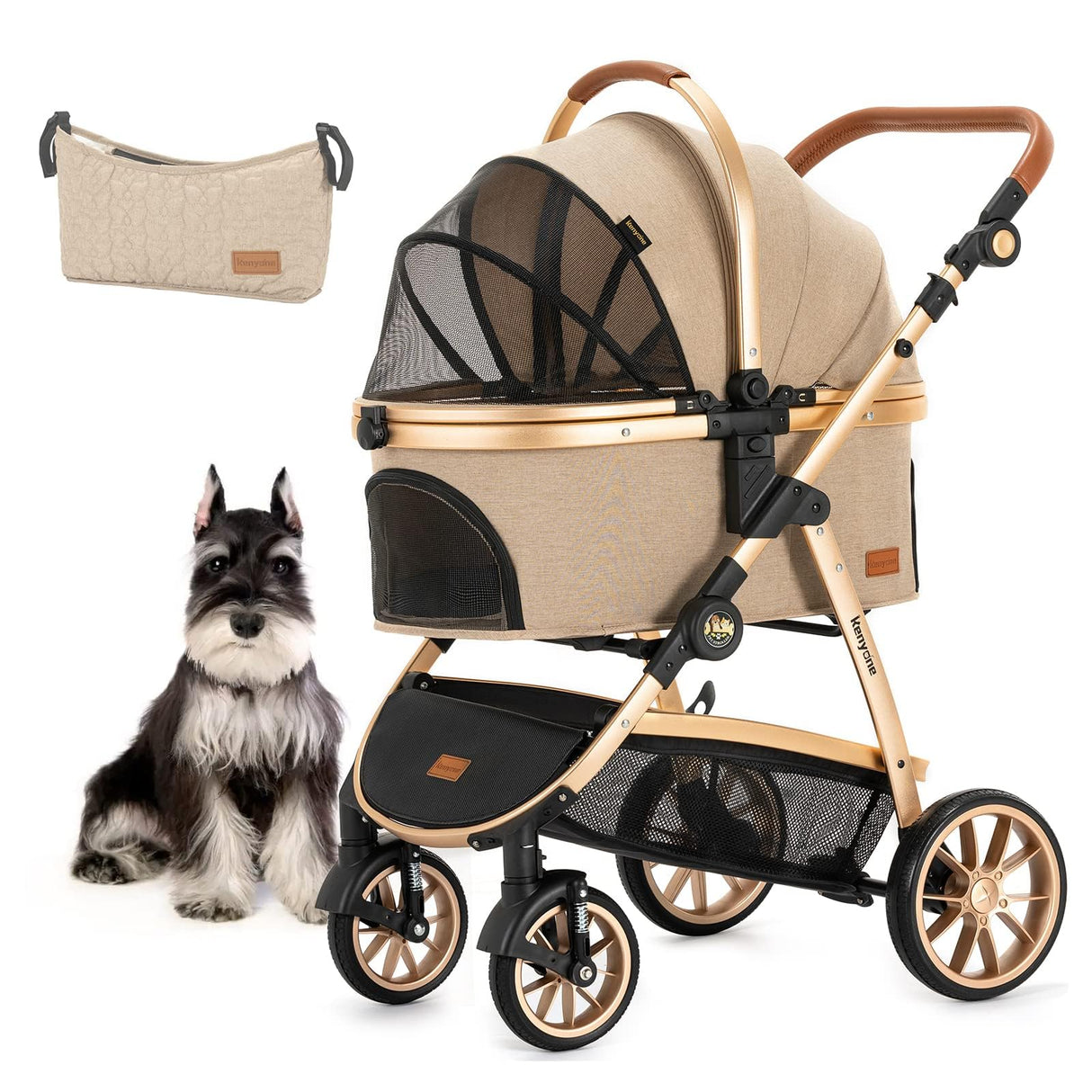Kenyone Pet Stroller 3 in 1 for Medium Small Size Dogs Luxury Large Cat Stroller Detachable Carrier for Puppy, Kitty, Doggie (C510L Khaki)