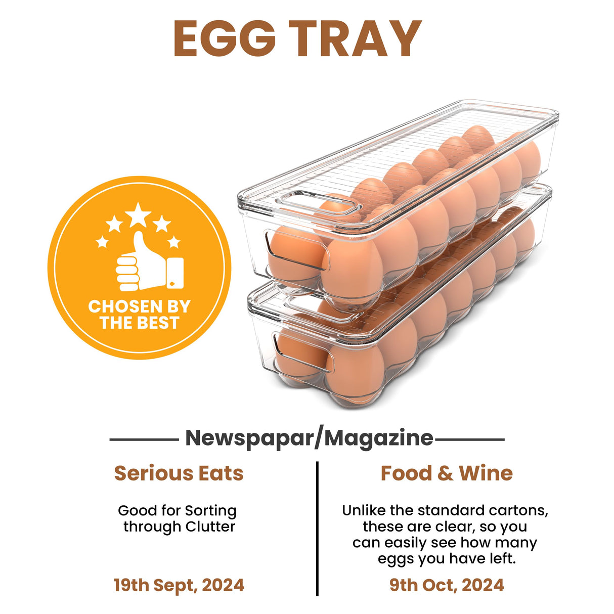 Egg Container With Lid and Handle for Refrigerator Organization- Pack of 2 - Clear Stackable Egg Holder for Kitchen or Pantry Organizers and Storage
