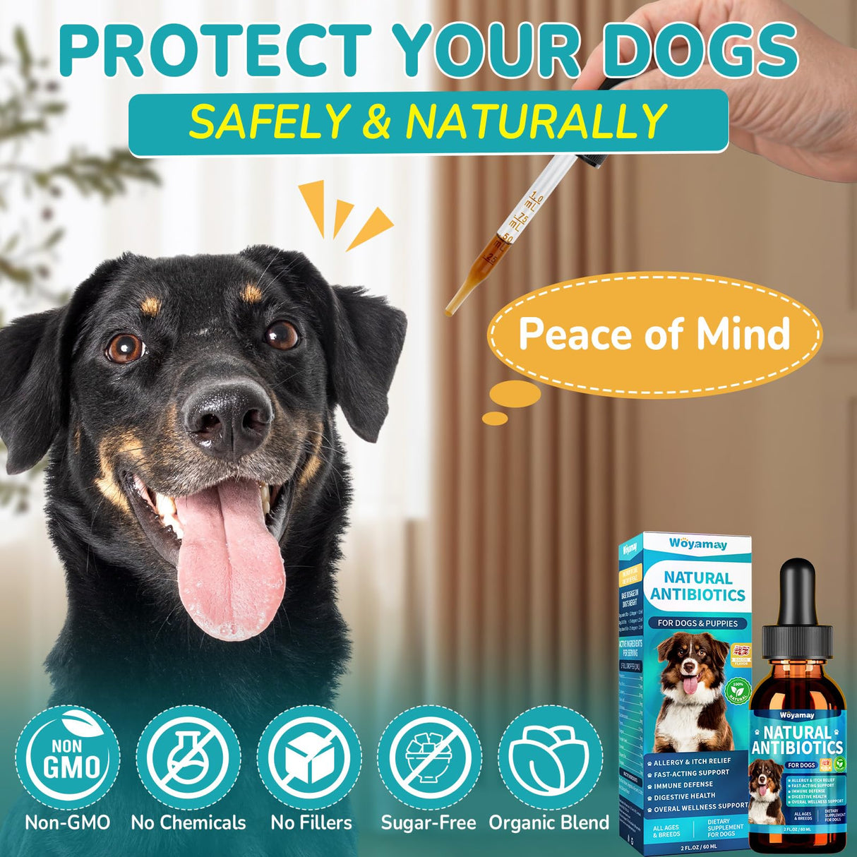 Woyamay Antibiotics for Dogs | Natural Dog Antibiotics for Allergy Relief, Itch Relief, Coughs, Skin Health, Breath Treatment, Digestion | Herbal Supplement to Care for Ears, Eyes & Coat, 2 Fl Oz