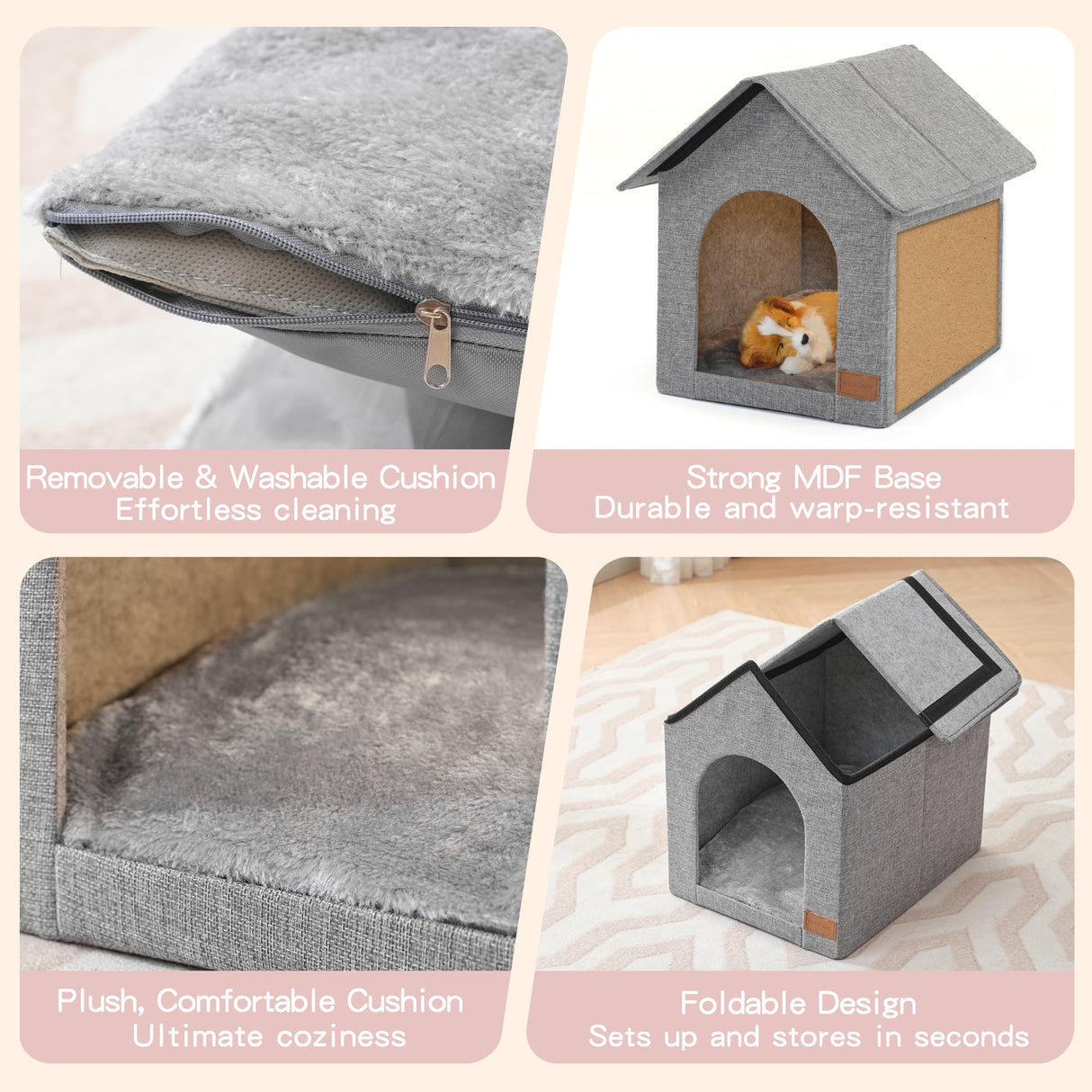 Indoor Dog House for Medium Dogs with Soft Cushion - Semi-Enclosed Warm Cave Bed for Pets Up to 20.8" Long