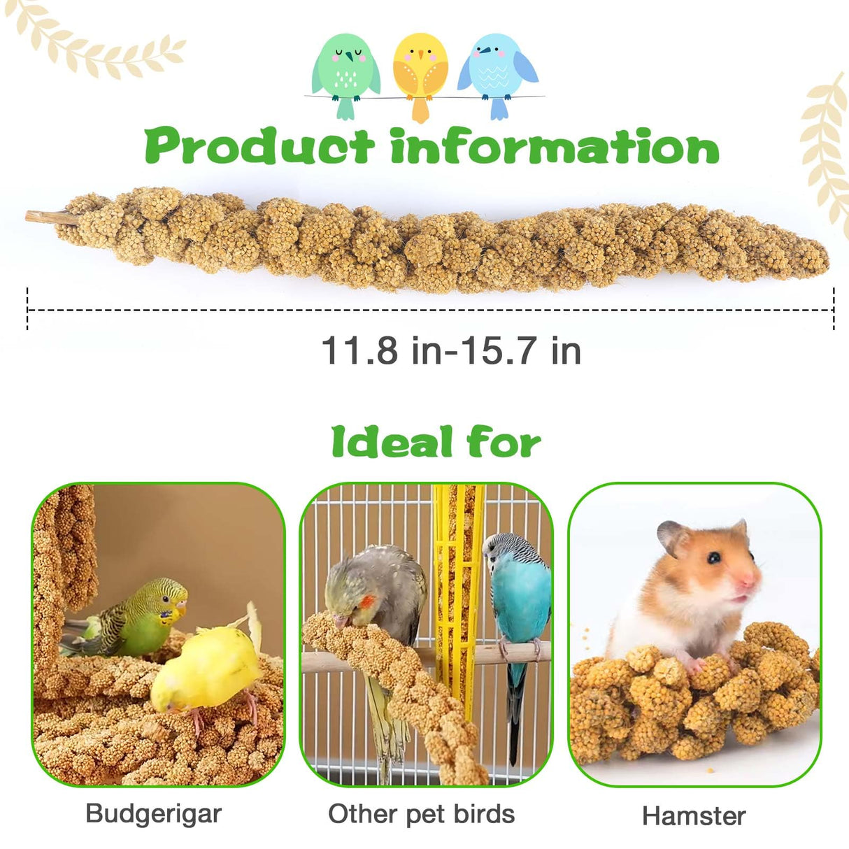 Millet for Birds 1.2LB, Natural Sun-Dried Spray Seed No Stems Only Edible Tops for Parakeet, Budgies, Finches, Cockatiels, Parrots, Lovebird, Hamster and Other Pets Treat