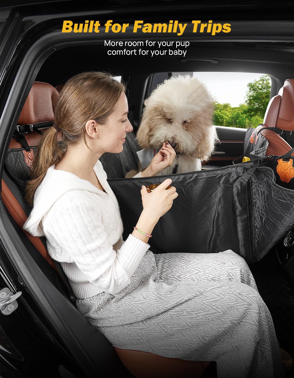 JOYTUTUS Back Seat Extender for Dogs, PU Leather Dog Car Seat Cover for Back Seat with Hard Bottom, Dog Hammock with Mesh Window, Dog Car Seat Cover for Sedans SUVs Small Trucks, Holds 440 lbs