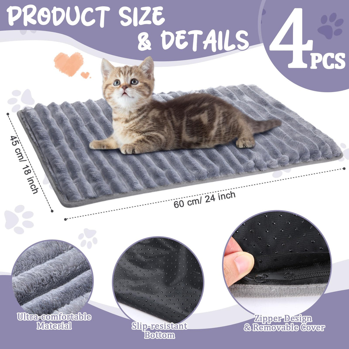 Nuanchu 4 Pack Self Warming Cat Bed 24"x18" Self Heating Dog Cat Pad Bulk Crate Mat Extra Warm Thermal Big Pet Pad for Indoor Outdoor Pets Houses with Removable Washable Cover Non Slip(Grey)
