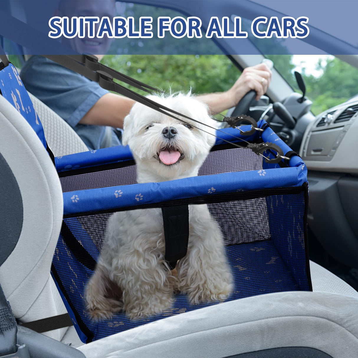 PetsHome Dog Car Seat Foldable Dog Car Booster Seat Waterproof Breathable Oxford Travel Bag for Small to Medium Dogs, Puppies, and Pets-Pattern Blue