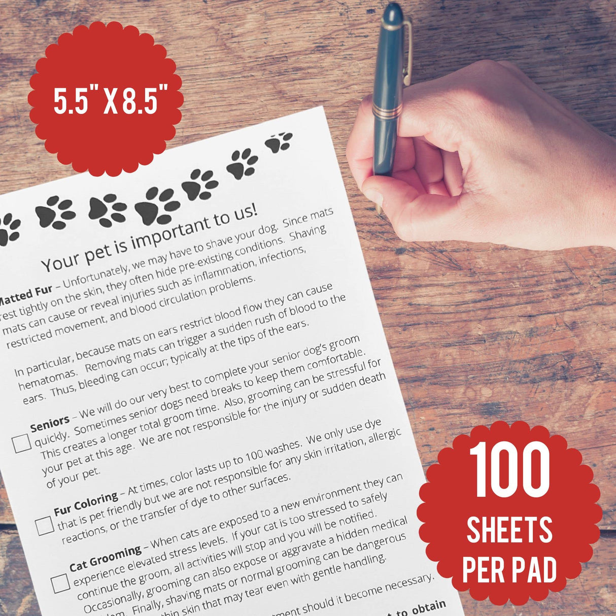 Grooming Pet Release Forms (100 Sheets, 5.5" X 8.5") Dog Grooming Salon Must Haves Address matted Fur, Senior Dogs,Fur Coloring, and Cats, Dog Grooming Supplies for Professional Groomers