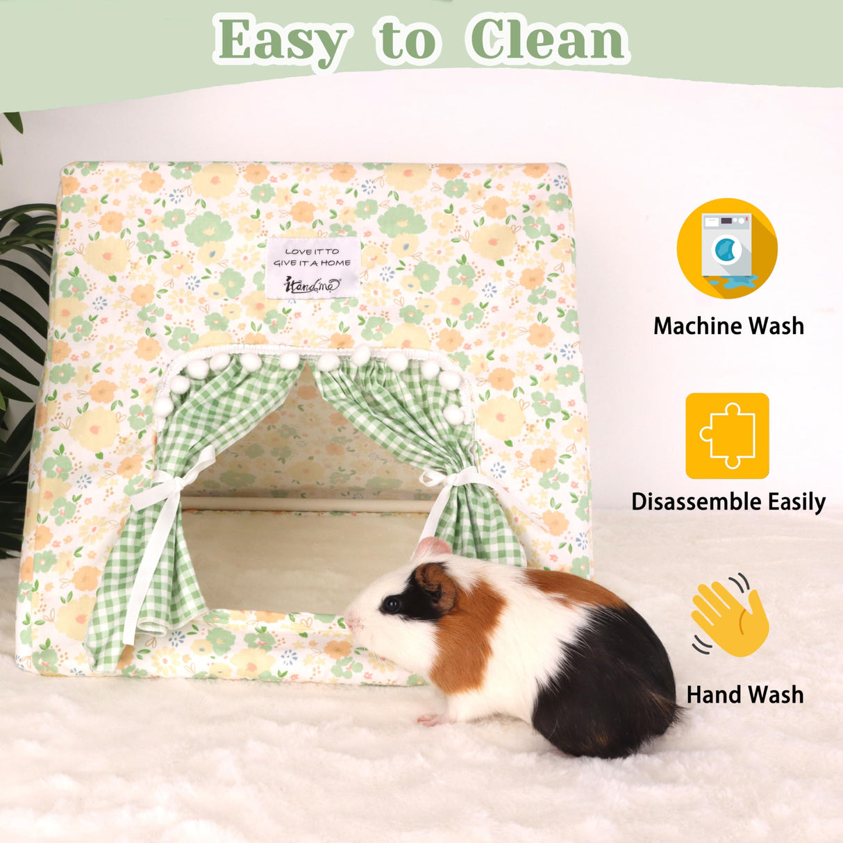 Guinea Pig Hideout Large with Curtain, Bunny Hideout, Machine Washable Guinea Pig Hide Tent Houses & Habitats, Small Animal Hideout for Pet Rabbit, Ferret, Rat, Chinchilla, Squirrel (Flower, Large)