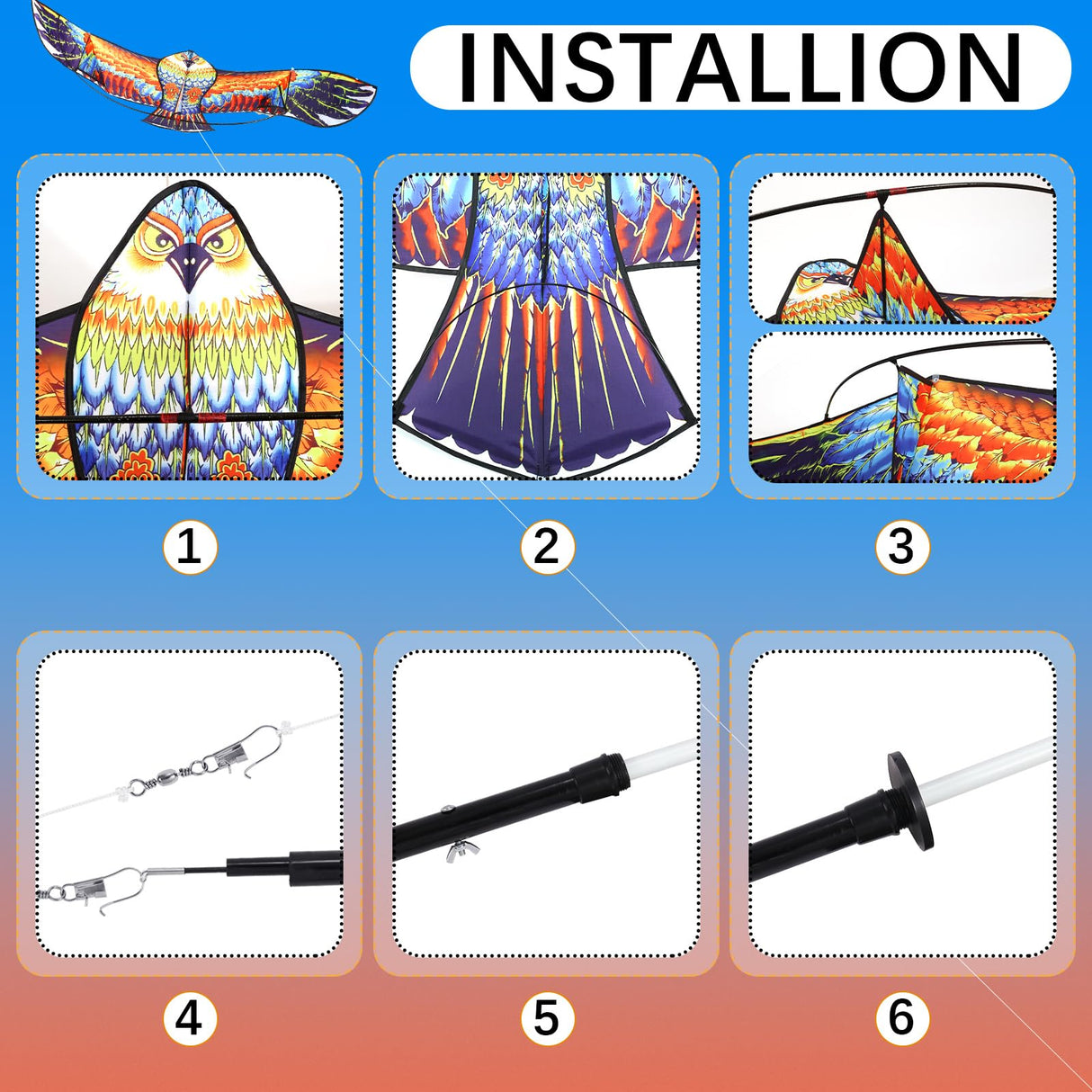 Sratte 2 Set Bird Scarer Flying Kite Eagle Deterrent Devices Outdoor Scare Birds Away Farm Protector Wind Power Professional Pigeon Scarer Eagle Kite with Pole for Lawn Crops (Blue, Colorful,Lively)