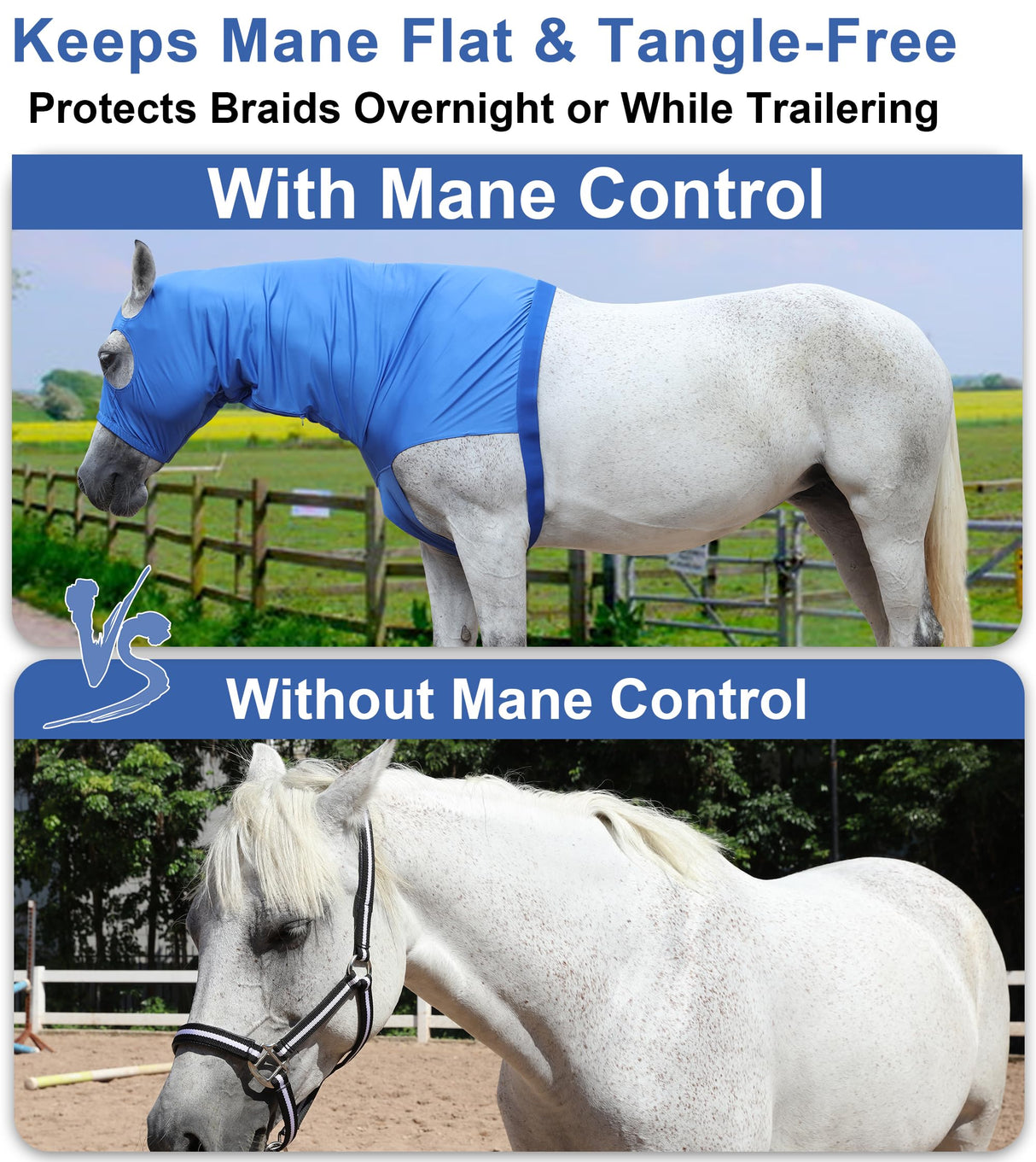 Gallopoff Horse Slinky Hood with Zipper, Stretch Spandex Sleazy Hood for Mane Protection, Breathable Horse Neck Cover for Show Prep, Braids Saver, Sleek Grooming Under Blanket Use Blue Medium