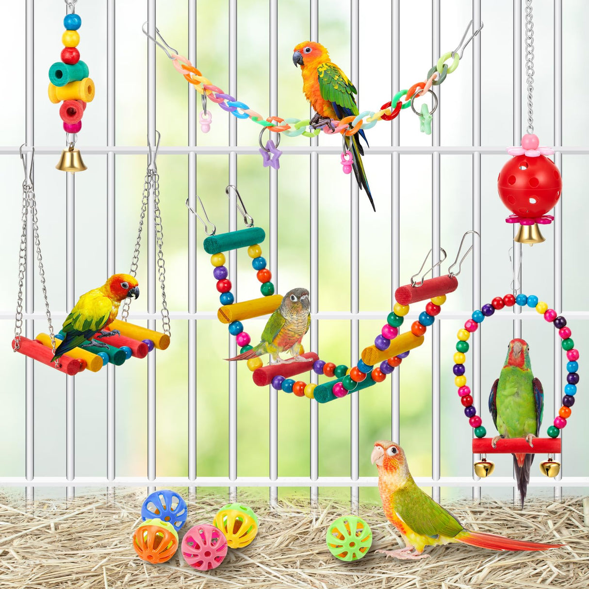 Sonwyoung Parakeet Cockatiel Bird Toys, Bird Toys for Parakeets, Cockatiel Cage Accessories, Perches Cage Parrot Ladders for Hanging Swinging Standing Chewing Climbing Training