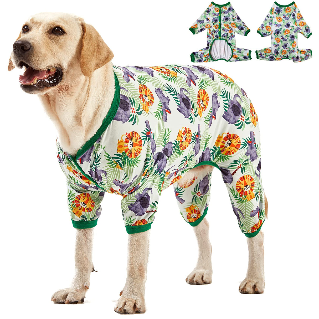 LovinPet Large Dog Pajamas Onesie: Lightweight Stretchy Knit Pullover Large Breed Jammies, Big Hippo Green Print, Wound Care/Post Surgery Dog Shirt, UV Protection, Pet PJ's, Dog Onesie/L
