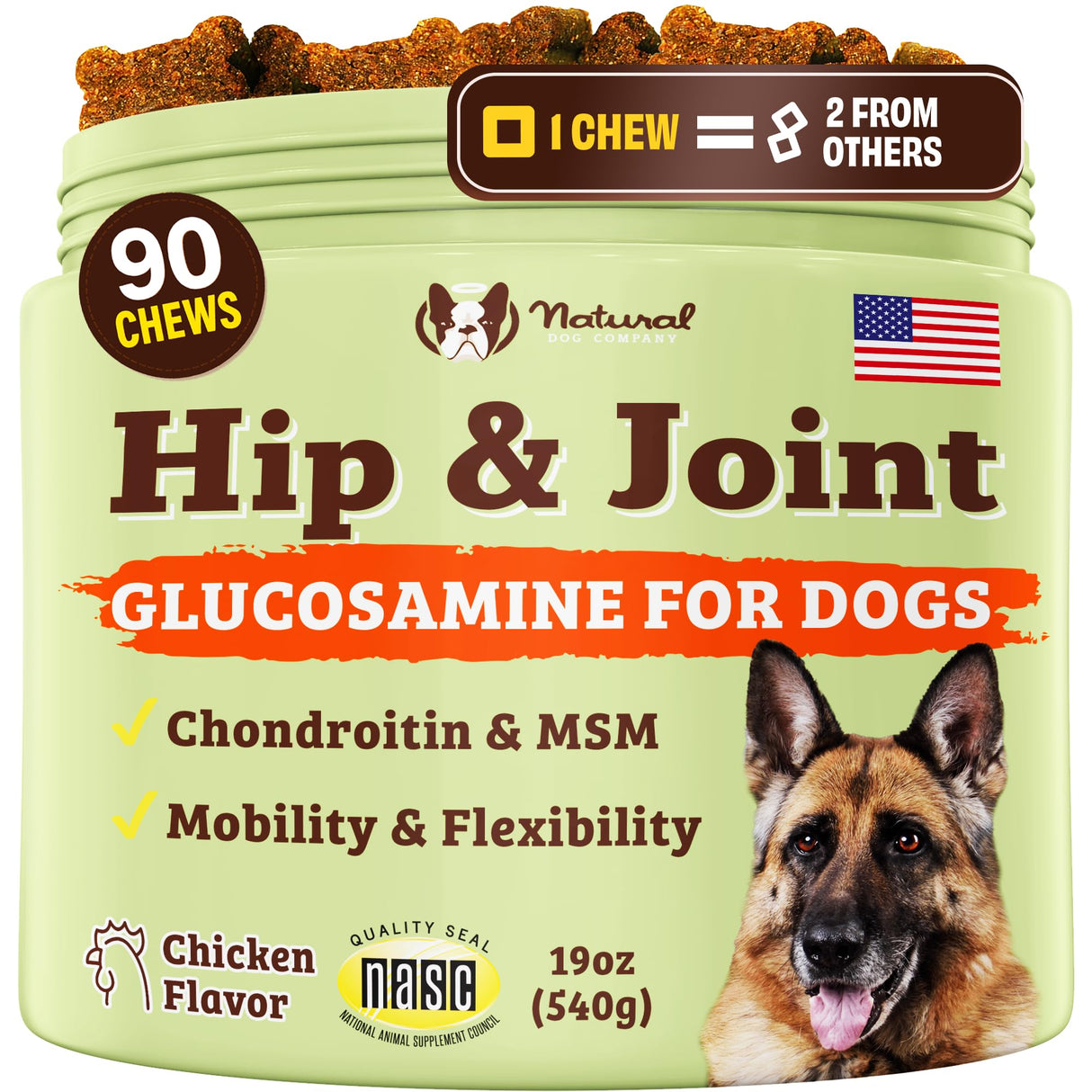 Natural Dog Company Hip & Joint Supplement for Dogs – Supports Mobility, Flexibility & Comfort, Glucosamine, Chondroitin, MSM & Turmeric, Chicken Flavor, 90 Count