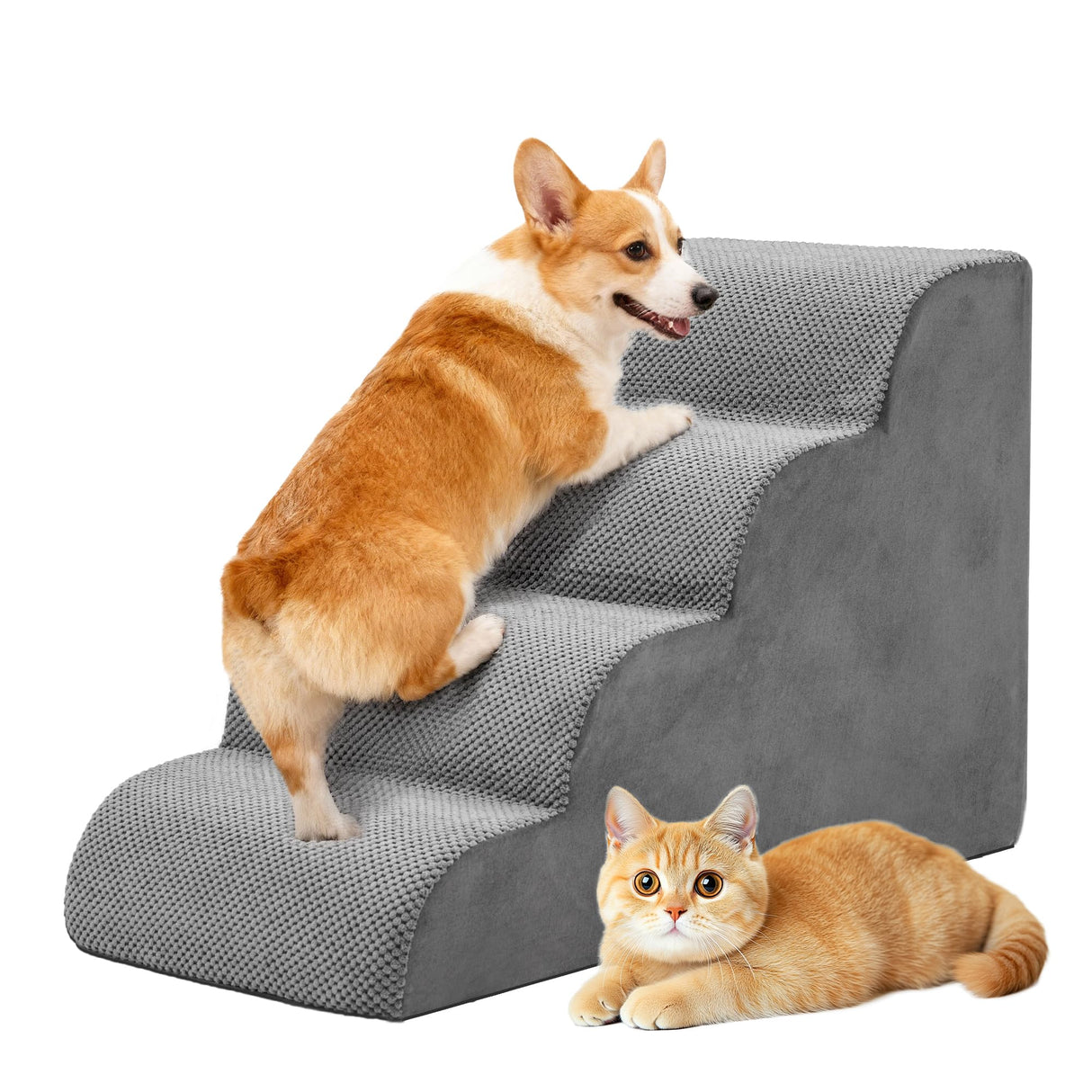 DUMOS Dog Stairs Ramp for Small Dogs and Cats, 4-Step Curved Pet Dog Steps with High-Density Foam for Puppy and Older Cats, Indoor Non-Slip Pet Ladder Ramp Stairs for Couch, High Beds, Sofa, Car, Grey