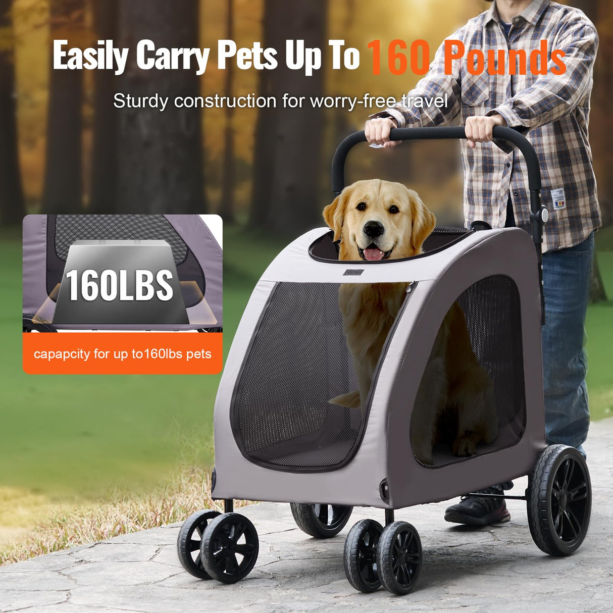 VEVOR Pet Stroller, 4 Wheels Dog Carrier with Brakes, 160lbs Weight Capacity, Portable Puppy Travel Strollers with Breathable Mesh Windows & Height-Adjustable, for Cats & Dogs