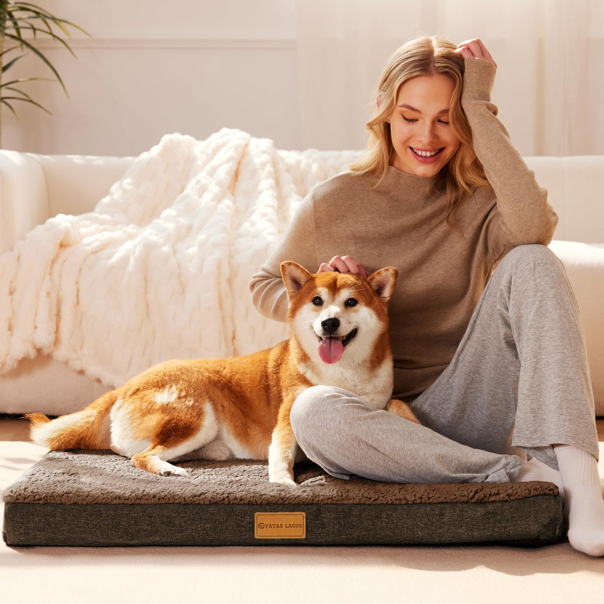 Patas Lague Orthopedic XL Dog Bed Large Sized Dog 42''X28'', Soft Waterproof Egg Crate Foam Large Pet Crate Beds Mat with Removable Washable Cover and Non-Slip Bottom, Brown
