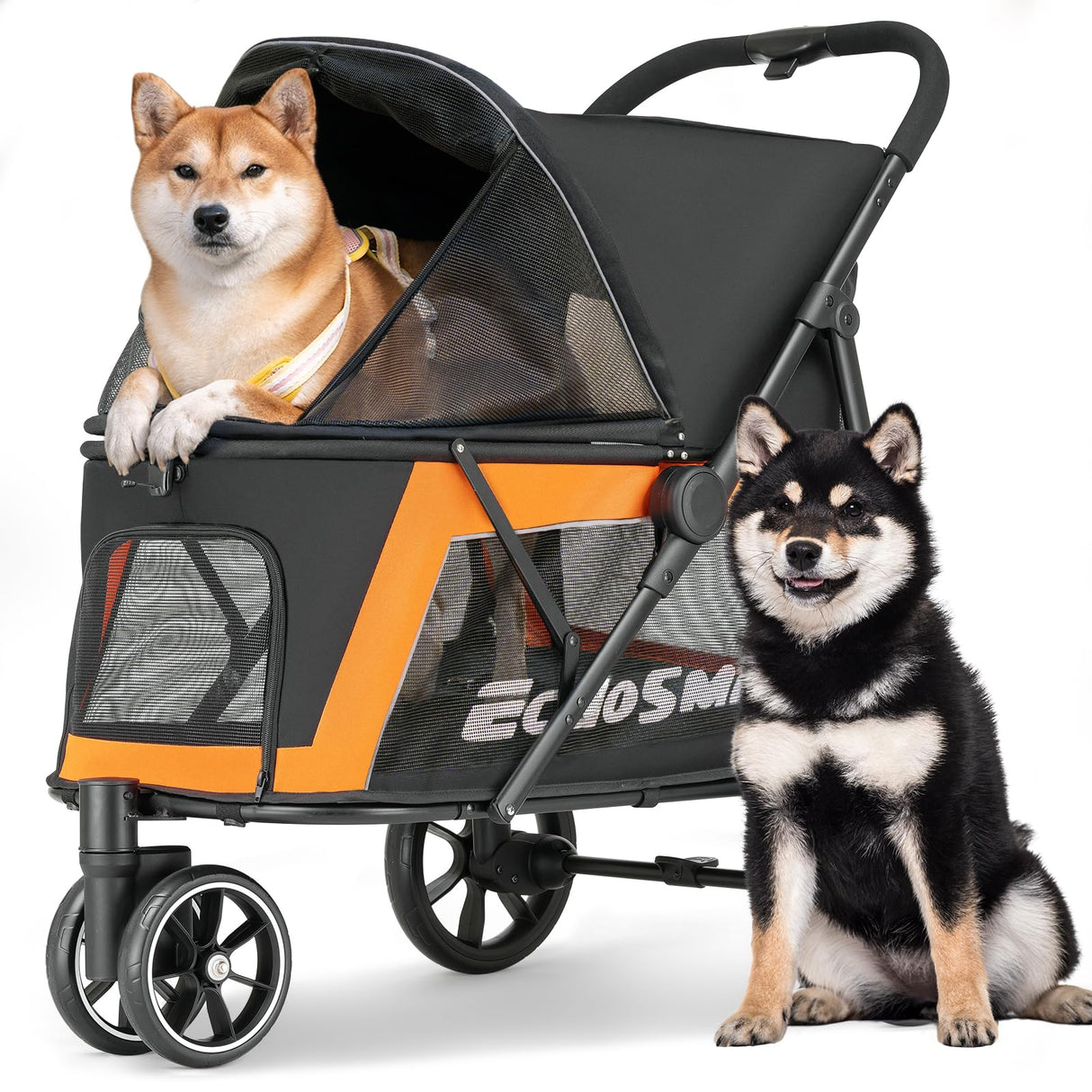 EchoSmile Dog Stroller for Medium & Small Dogs, Foldable Pet Stroller with 3 Wheels & Brakes, All-Terrain Cat Dog Carrier with Breathable Mesh, Safety Leash and Storage Pocket, Black