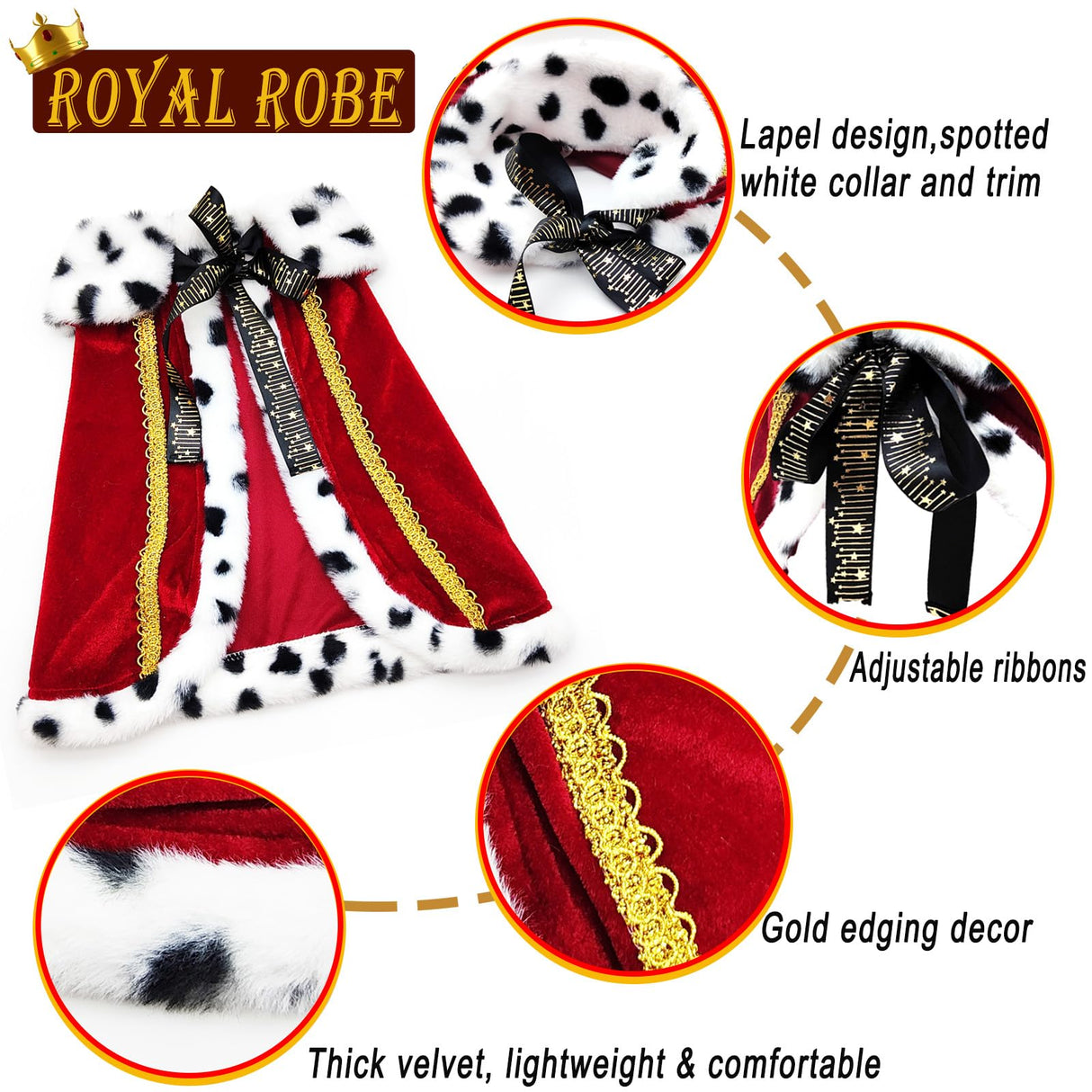 Pet King Cloak Christmas Dog Costumes Lux Fur Red Royal Cape Cat Robe Warm Winter Coat Outfit Medium Large Dogs Prince Costume Xmas Queen Clothes Princess Cosplay Birthday Dress (Red, Large)