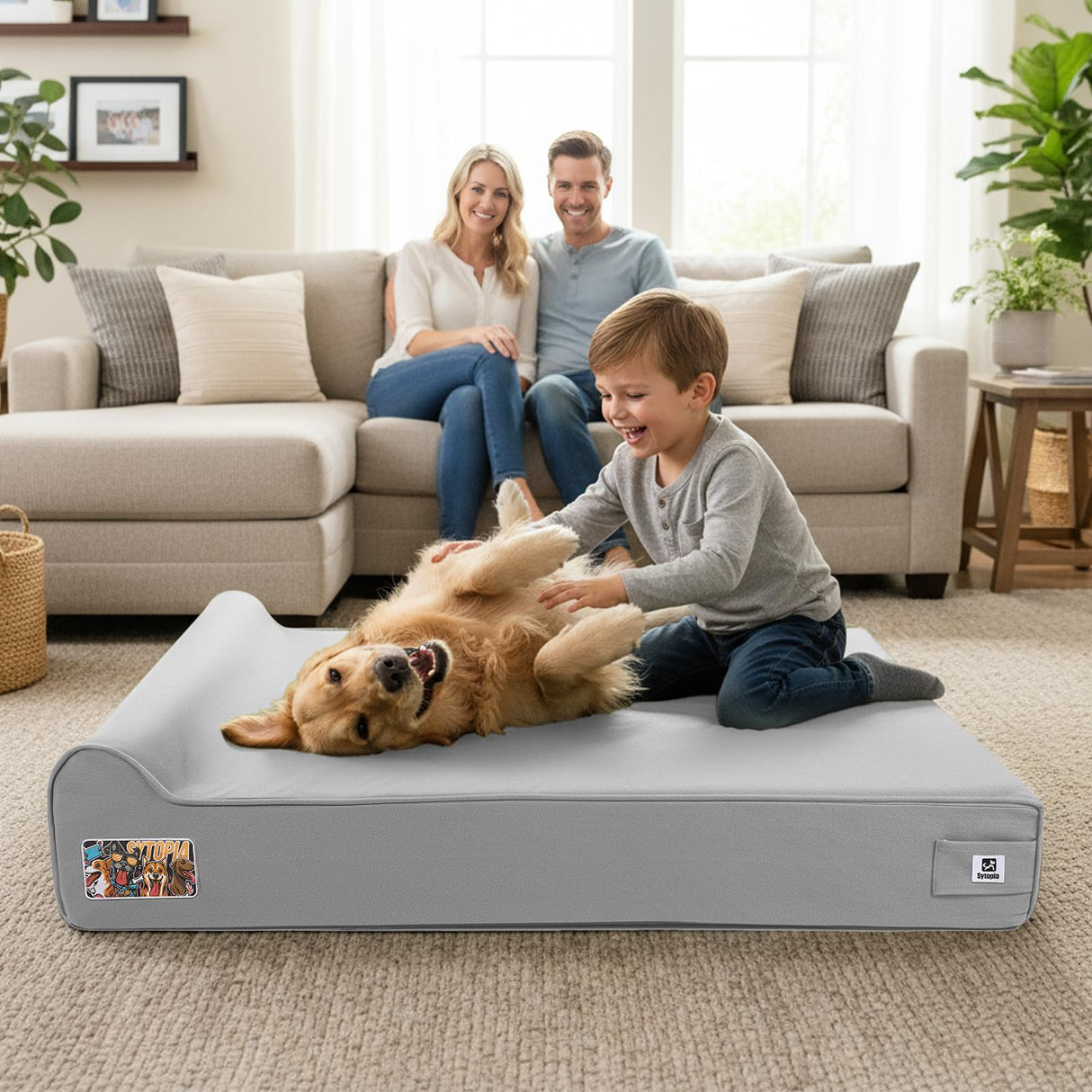 Sytopia 7" Thick Orthopedic Dog Beds for Extra Large Dogs, Canvas Dog Bed with Chew Proof Fabric Cover, Ups to 150 Pounds, 35D Memory Foam Dog Beds with Waterproof Liner & Washable Cover, Light Grey