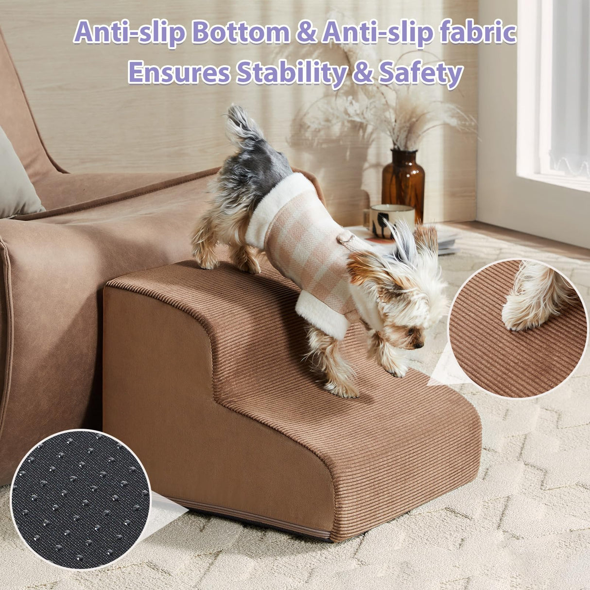 LEXTRO Dog Stairs for Small Dogs, 3-Steps Dog Ramp for Bed and Couch, Pet Stairs with Highly Supportive Foam and Non-Slip Bottom, Pet Steps for Cat & Doggie (High 15.7 Inch)