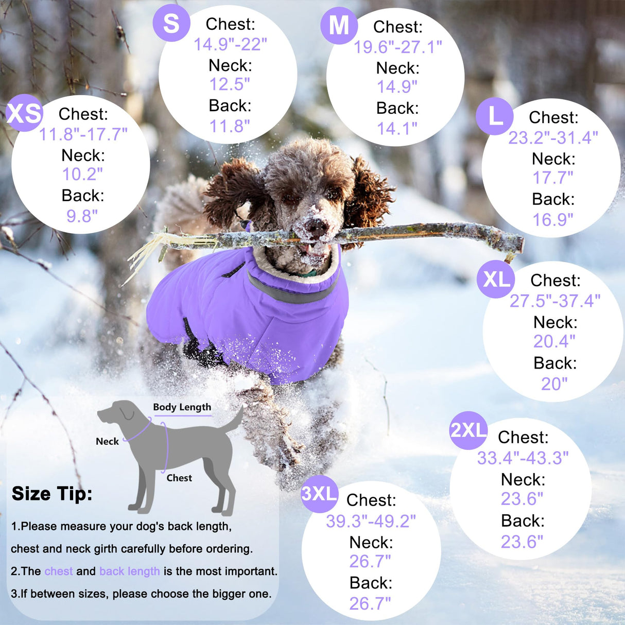 Dogcheer Dog Coat with Harness, Waterproof Dog Jacket Adjustable Winter Coat with Zipper, Christmas Puppy Snow Jacket Fleece Sweater for Small Medium Large Dogs - Taro Purple 3XL