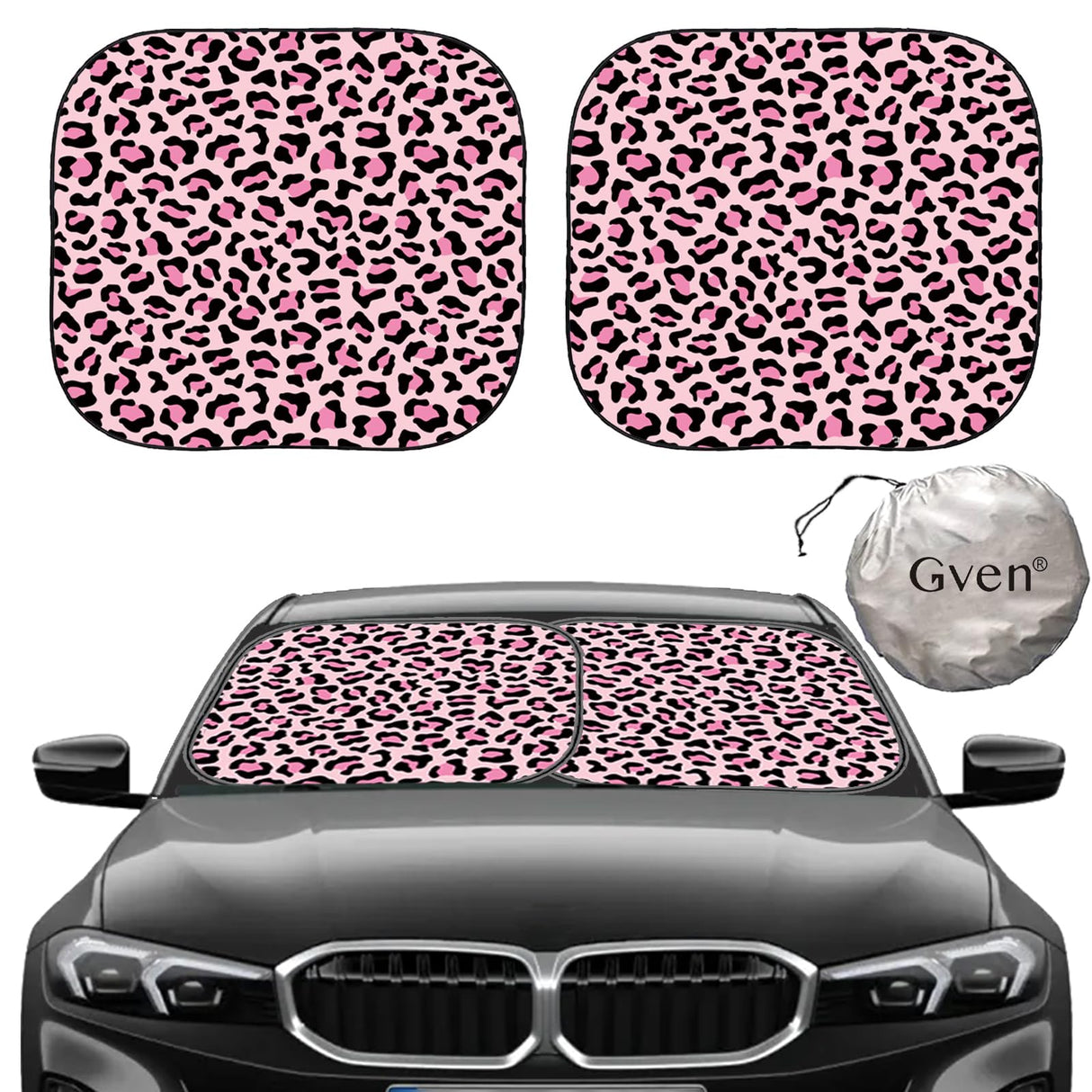 Gven Windshield Sun Shade 2pcs with Bonus Pink Car Sunshade for Front Window Shades 2025 Technology Reflect UV and Heat Sun Visor Automotive Accessories Interior Sun Protection (Pink Leopard, M)