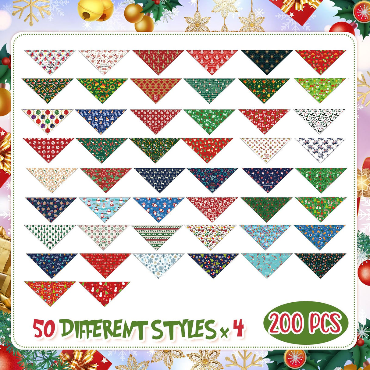 Kacctyen 200 Pcs Christmas Dog Bandana Bulk for Groomers Winter Holiday Triangle Bandanas with Christmas Patterns Soft and Adjustable Kerchief Scarf for Small Medium Large Dogs Cats Pets Grooming