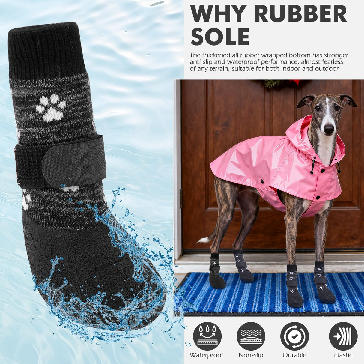 Mihachi Anti Slip Dog Socks, Dog Boots for Hardwood Floors Prevent Licking, Traction Control Waterproof Rubber Sole Paw Protectors for Small Medium Large Dogs,Grey 2XL