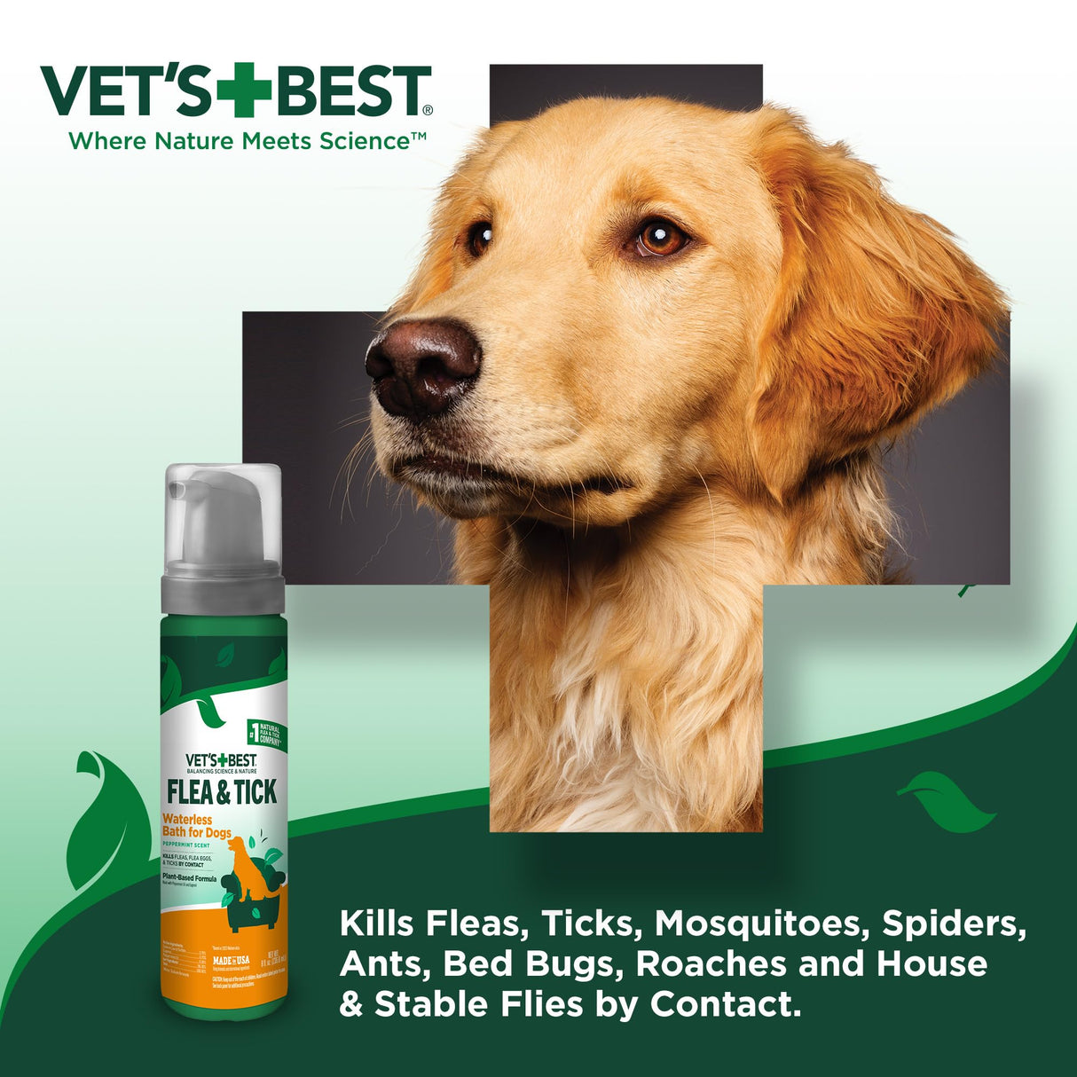 Vet's Best Natural Flea and Tick Waterless Bath for Dogs – No-Rinse Dry Foam Shampoo with Certified Essential Oils – Natural Flea Treatment with Plant-Based Ingredients – 8 oz Bottle – Made in USA