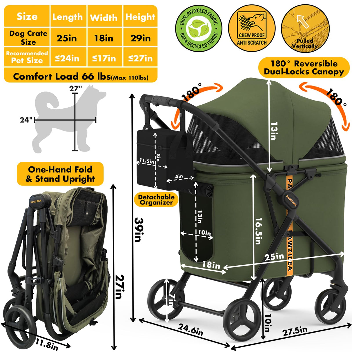 PAWZIDEA Large Dog Stroller up to 80 lbs, No-Zip 180° Reversible Canopy Lockable, Heavy Duty Pet Stroller for 2 Medium Dogs One-Hand Foldable, Low-Entry, All-Terrain Jogger Wheels, Storage Organizer
