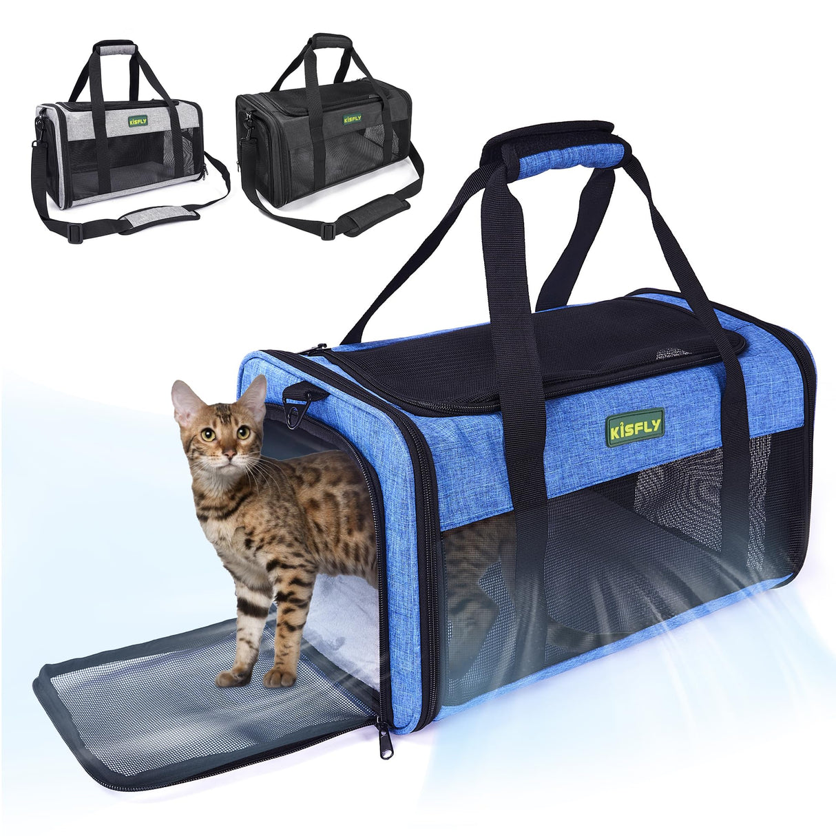 TSA Approved Pet Carrier in Cabin, 17"x11"x9.5" Soft Cat Carriers for Small Cats up to 12 lb, Top-Open Portable Dog Carrier with Litter Box and Anti-Scratch Mesh for Puppy up to 10 lb, Blue