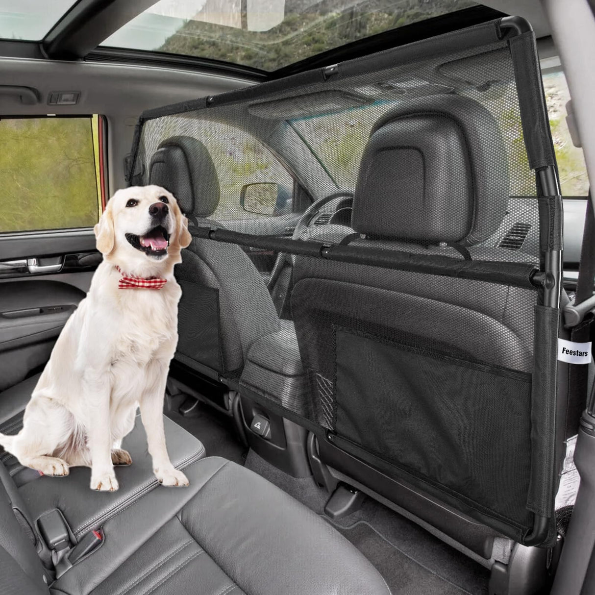 Feestars Dog Barrier for SUV Truck,56" Car Divider for Pet, SUV Dog Barrier for Cargo Area,Back Seat Car Gate with See Through Net Mesh