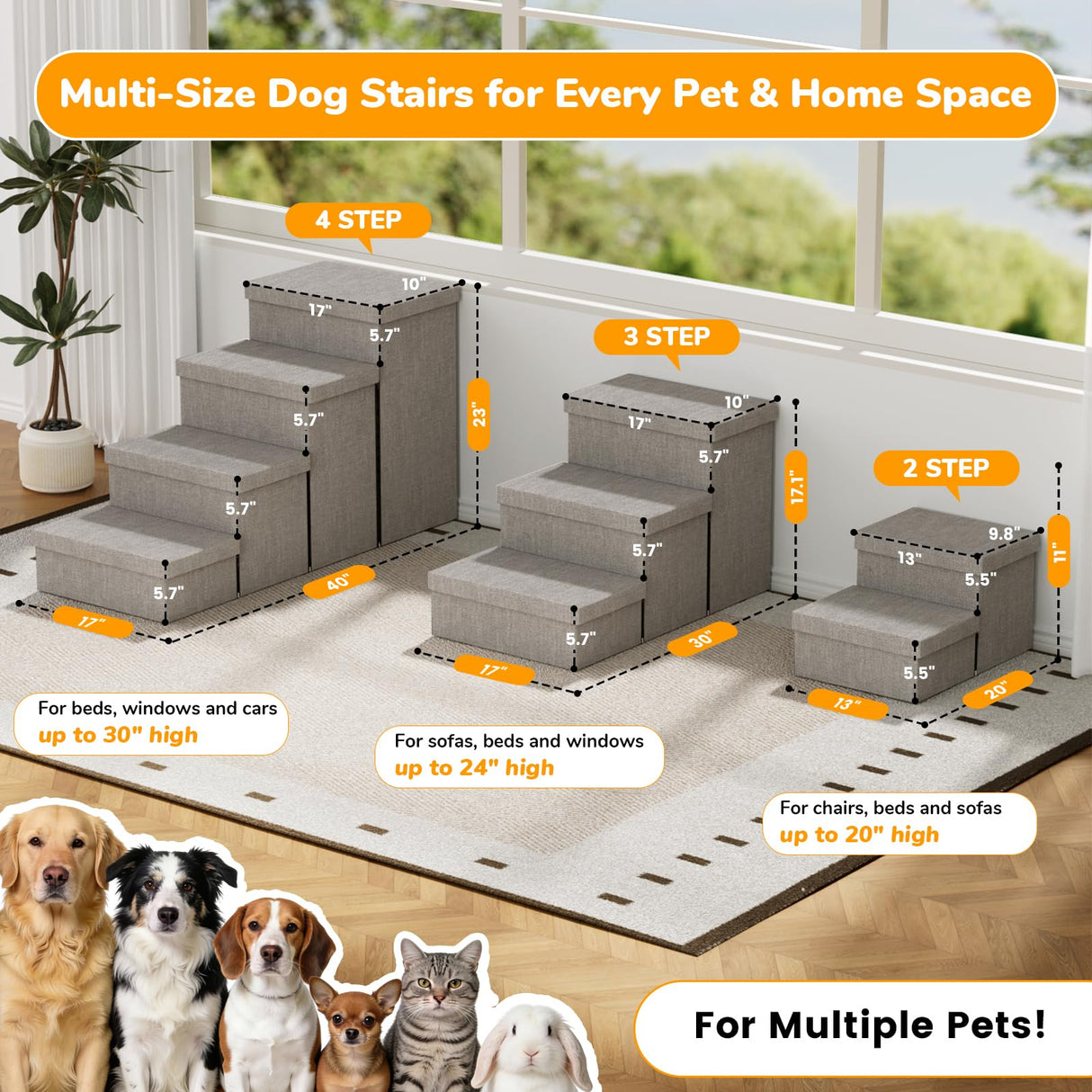Fecuria 2-Step Wide Dog Stairs with Storage 11" H, Non-Slip Sturdy Pet Steps for Couch Chair, Dog Steps for Small/Medium Old Dogs, Cats, Rabbits Up to 150lbs, Foldable Cat Puppy Stairs for Car, Grey