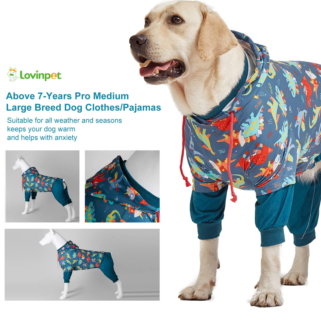 LovinPet Dog Pajamas: Lightweight Onesie, Large Dog Pjs, Reflective Stripe, Super Dinos Navy Print, Surgical Recovery Clothes /3XL