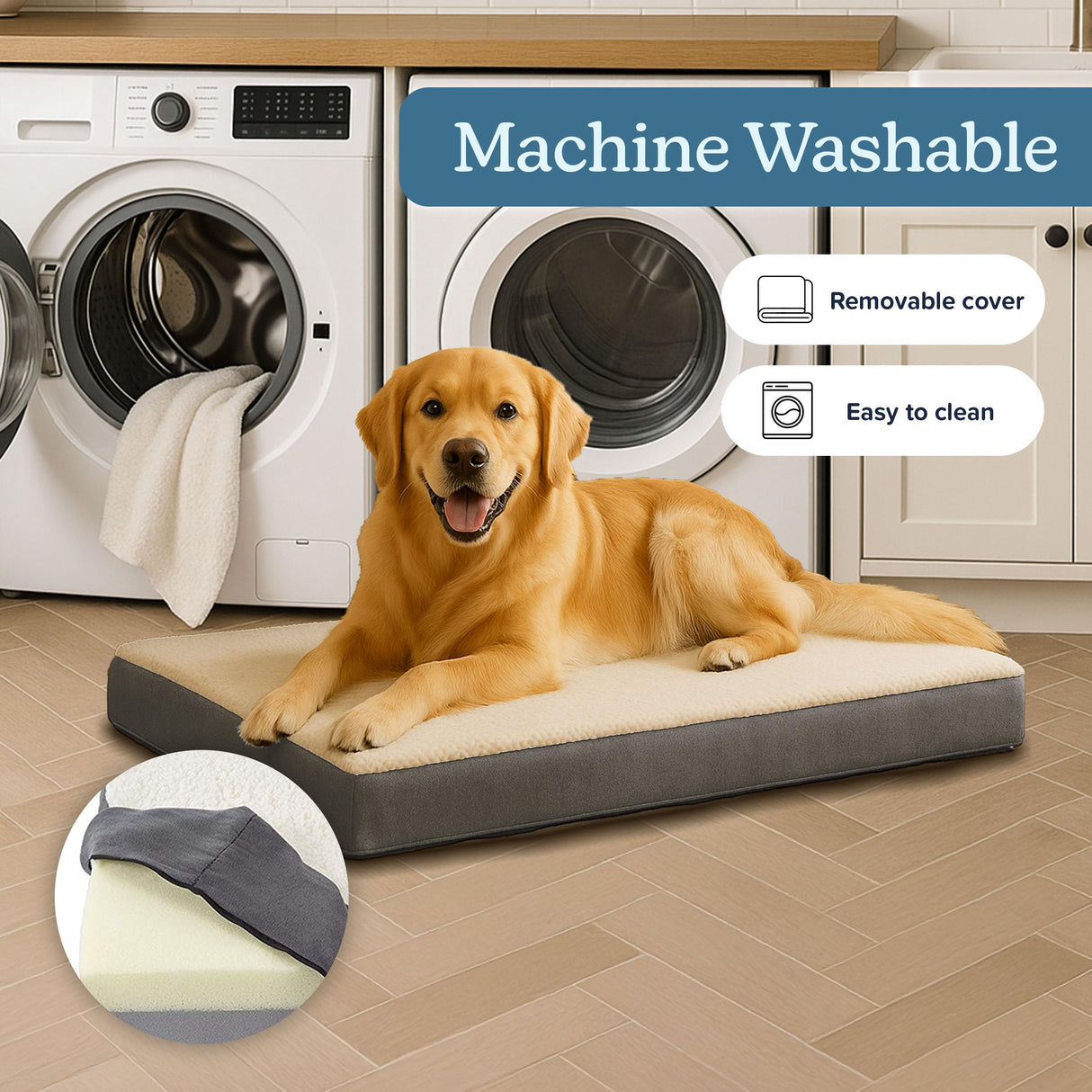 Orthopedic Dog Bed - 2-Layer 36x27-Inch Memory Foam Pet Mattress with Machine-Washable Sherpa Cover for Large Dogs up to 65lbs by PETMAKER (Gray)